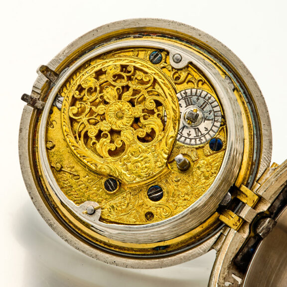 English silver quarter repeating repoussé verge watch Circa 1740 English silver quarter repeating repoussé verge watch Circa 1740