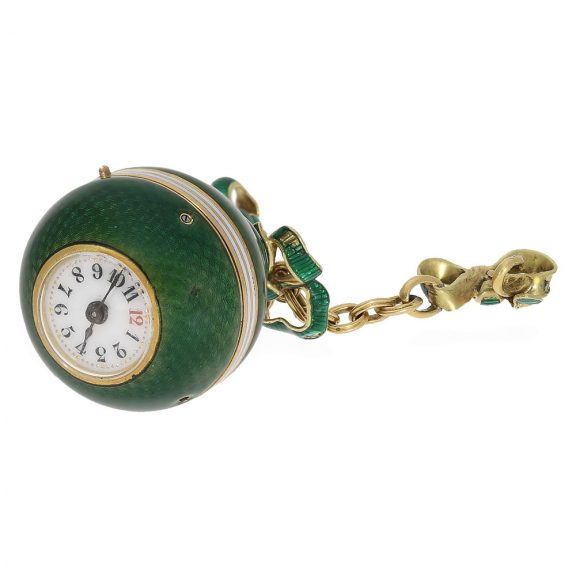 Swiss 18 Carat gold and green enamel “Boule de Geneve” Circa 1890 Swiss 18 Carat gold and green enamel “Boule de Geneve” Circa 1890