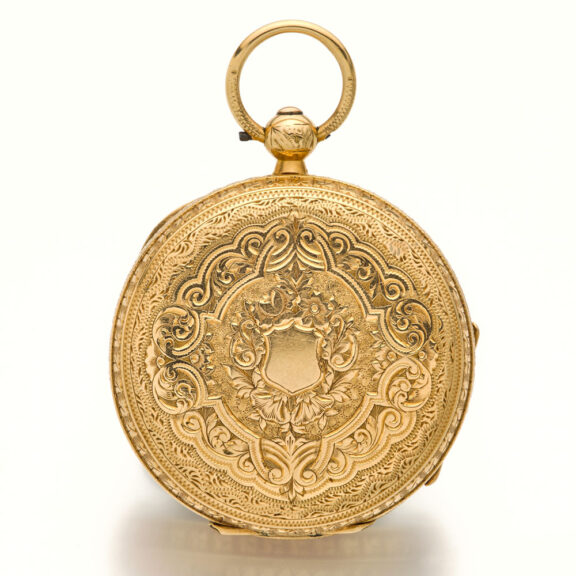 English 18 carat gold engraved lever pocket watch Circa 1860 English 18 carat gold engraved lever pocket watch Circa 1860