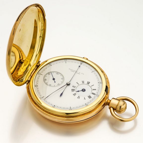 American solid gold chronograph with regulator dial Circa 1875 American solid gold chronograph with regulator dial Circa 1875