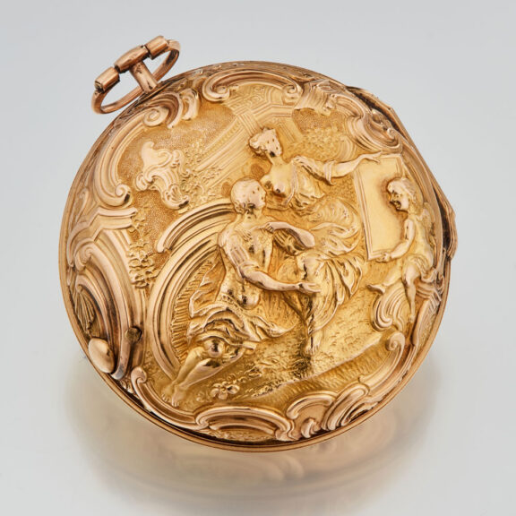 An English verge in 20 carat gold repousse pair cases Circa 1755 An English verge in 20 carat gold repousse pair cases Circa 1755