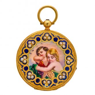 Very fine Swiss 18K gold, enamel and pearl set watch Circa 1870