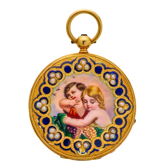 Very fine Swiss 18K gold, enamel and pearl set watch Circa 1870 Very fine Swiss 18K gold, enamel and pearl set watch Circa 1870