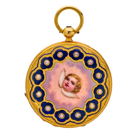 Very fine Swiss 18K gold, enamel and pearl set watch Circa 1870 Very fine Swiss 18K gold, enamel and pearl set watch Circa 1870