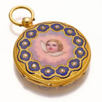 Very fine Swiss 18K gold, enamel and pearl set watch Circa 1870