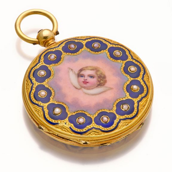 Very fine Swiss 18K gold, enamel and pearl set watch Circa 1870 Very fine Swiss 18K gold, enamel and pearl set watch Circa 1870