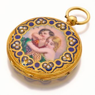 Very fine Swiss 18K gold, enamel and pearl set watch Circa 1870