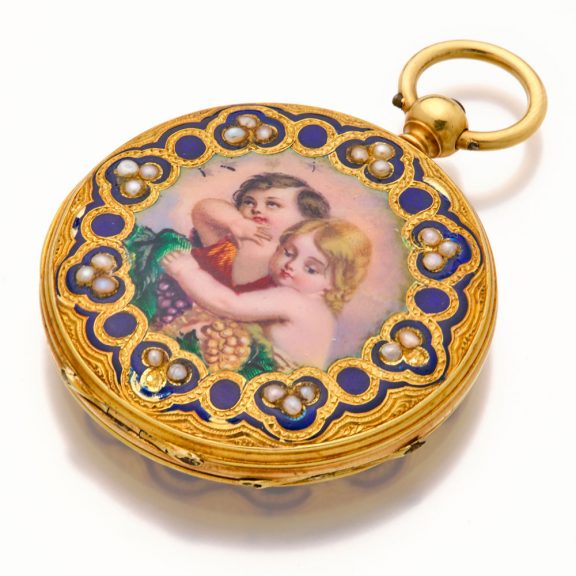 Very fine Swiss 18K gold, enamel and pearl set watch Circa 1870 Very fine Swiss 18K gold, enamel and pearl set watch Circa 1870