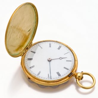 Very fine Swiss 18K gold, enamel and pearl set watch Circa 1870