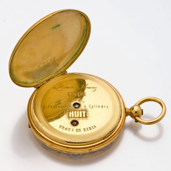 Very fine Swiss 18K gold, enamel and pearl set watch Circa 1870 Very fine Swiss 18K gold, enamel and pearl set watch Circa 1870