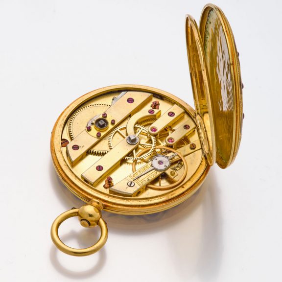 Very fine Swiss 18K gold, enamel and pearl set watch Circa 1870 Very fine Swiss 18K gold, enamel and pearl set watch Circa 1870