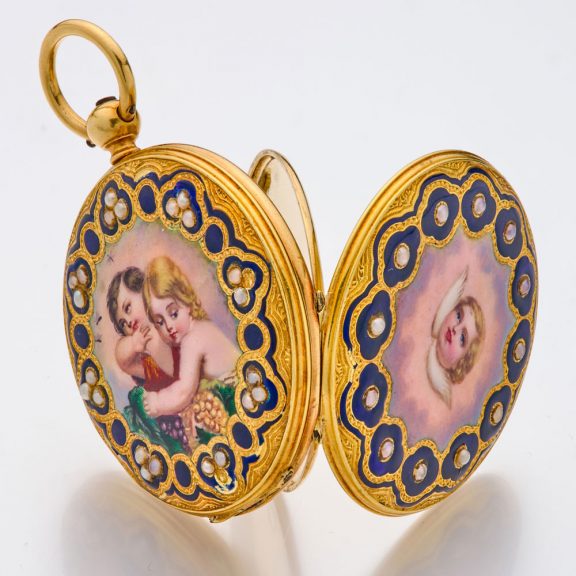 Very fine Swiss 18K gold, enamel and pearl set watch Circa 1870 Very fine Swiss 18K gold, enamel and pearl set watch Circa 1870
