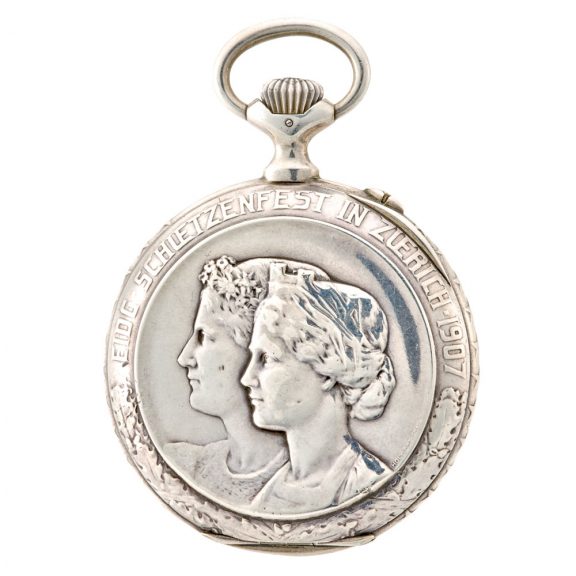 Swiss silver keyless lever with high relief cast case Circa 1907