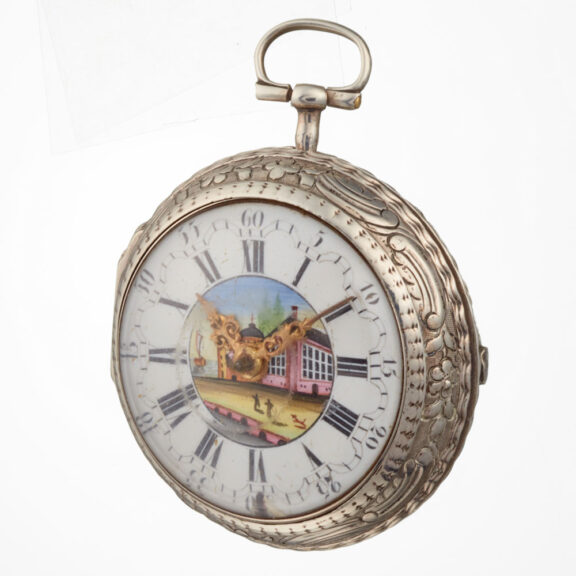 English verge with polychrome enamel painted dial Circa 1773 English verge with polychrome enamel painted dial Circa 1773