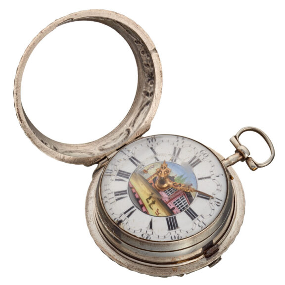 English verge with polychrome enamel painted dial Circa 1773 English verge with polychrome enamel painted dial Circa 1773