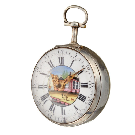 English verge with polychrome enamel painted dial Circa 1773 English verge with polychrome enamel painted dial Circa 1773