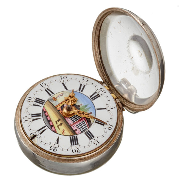 English verge with polychrome enamel painted dial Circa 1773 English verge with polychrome enamel painted dial Circa 1773