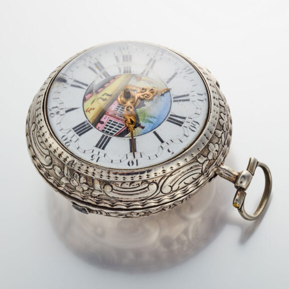 English verge with polychrome enamel painted dial Circa 1773 English verge with polychrome enamel painted dial Circa 1773