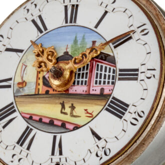 English verge with polychrome enamel painted dial Circa 1773 English verge with polychrome enamel painted dial Circa 1773