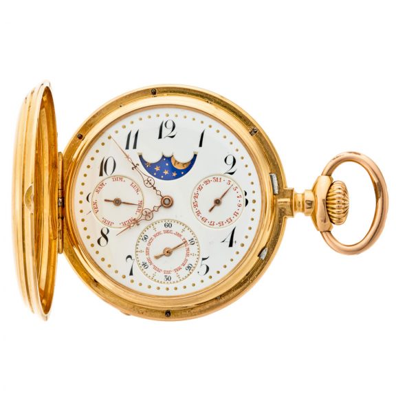 Solid Swiss watch with triple calendar and moon phases Circa 1880 Solid Swiss watch with triple calendar and moon phases Circa 1880