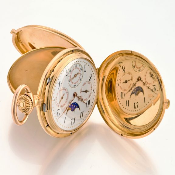 Solid Swiss watch with triple calendar and moon phases Circa 1880 Solid Swiss watch with triple calendar and moon phases Circa 1880