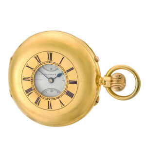 Heavy English gold half hunter watch with power reserve Circa 1896