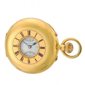 Heavy English gold half hunter watch with power reserve Circa 1896
