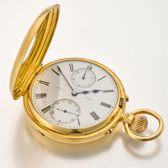 Heavy English gold half hunter watch with power reserve Circa 1896 Heavy English gold half hunter watch with power reserve Circa 1896