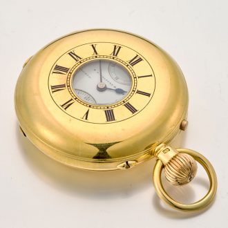 Heavy English gold half hunter watch with power reserve Circa 1896