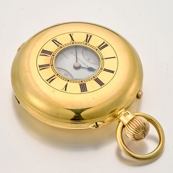 Heavy English gold half hunter watch with power reserve Circa 1896 Heavy English gold half hunter watch with power reserve Circa 1896