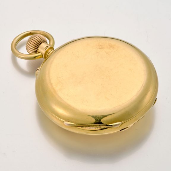 Heavy English gold half hunter watch with power reserve Circa 1896 Heavy English gold half hunter watch with power reserve Circa 1896