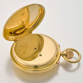 Heavy English gold half hunter watch with power reserve Circa 1896