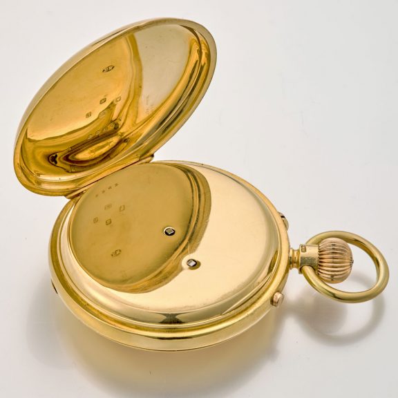 Heavy English gold half hunter watch with power reserve Circa 1896 Heavy English gold half hunter watch with power reserve Circa 1896