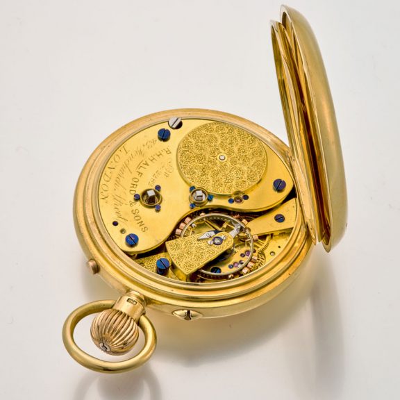 Heavy English gold half hunter watch with power reserve Circa 1896 Heavy English gold half hunter watch with power reserve Circa 1896