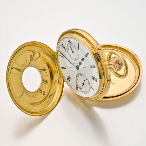 Heavy English gold half hunter watch with power reserve Circa 1896 Heavy English gold half hunter watch with power reserve Circa 1896