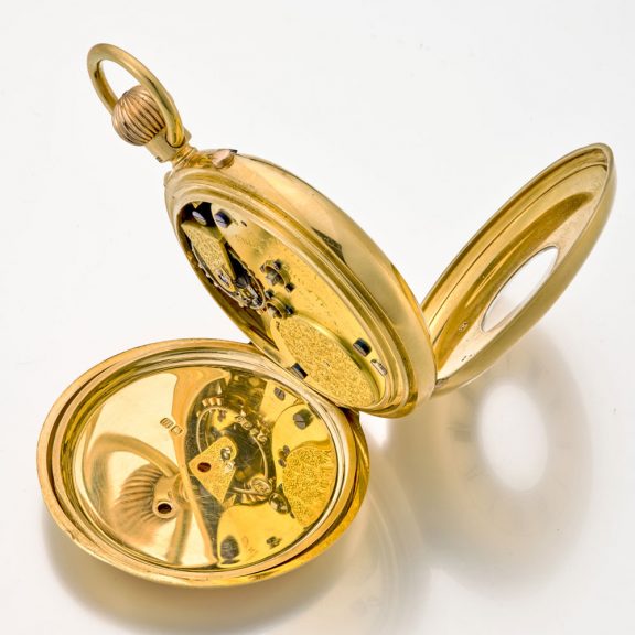 Heavy English gold half hunter watch with power reserve Circa 1896 Heavy English gold half hunter watch with power reserve Circa 1896