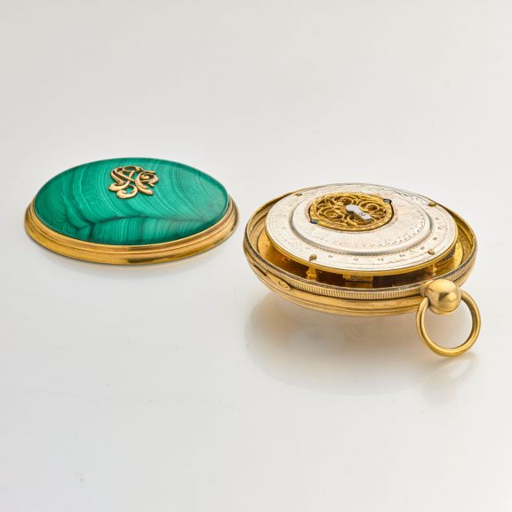 French calendar watch in a malachite stone case Circa 1810 French calendar watch in a malachite stone case Circa 1810