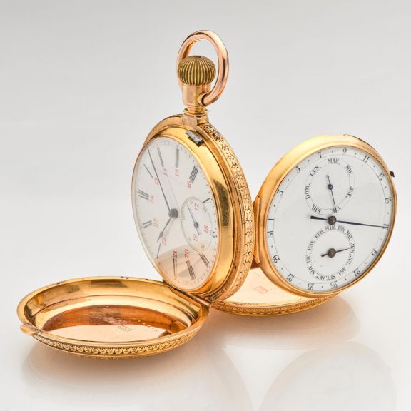 Heavy Swiss gold double dialed pocket watch Circa 1890 Heavy Swiss gold double dialed pocket watch Circa 1890