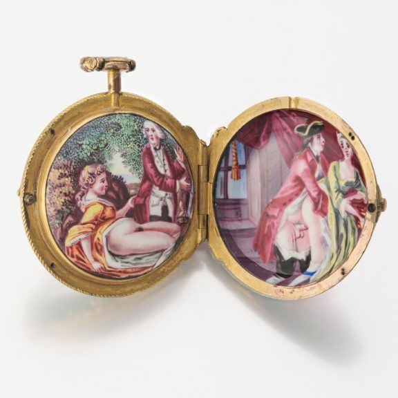 English gilt-brass verge with concealed erotic scene Circa 1780 English gilt-brass verge with concealed erotic scene Circa 1780