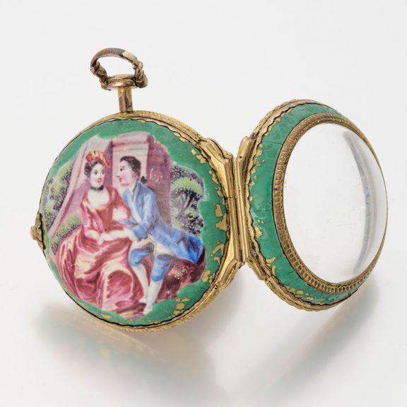 English gilt-brass verge with concealed erotic scene Circa 1780 English gilt-brass verge with concealed erotic scene Circa 1780