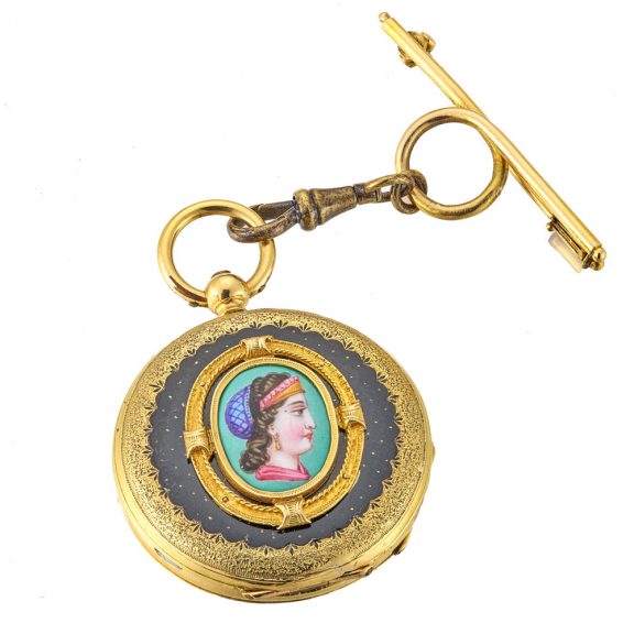 Swiss 18 carat gold and enamel watch with brooch Circa 1850