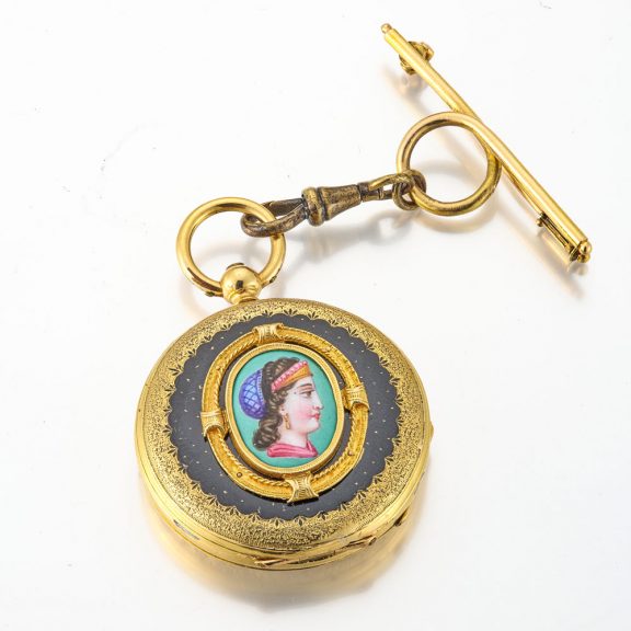 Swiss 18 carat gold and enamel watch with brooch Circa 1850 Swiss 18 carat gold and enamel watch with brooch Circa 1850
