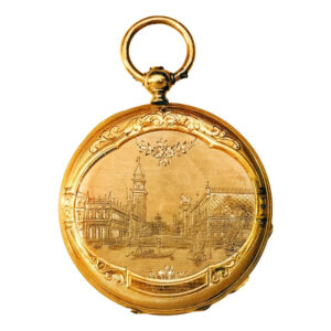 Swiss gold watch with an engraved image of Venice Circa 1860