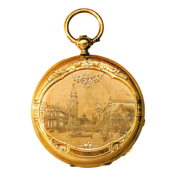 Swiss gold watch with an engraved image of Venice Circa 1860