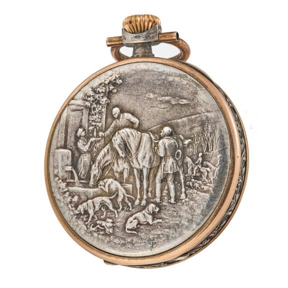 Swiss silver lever watch with repousse hunting scene Circa 1930