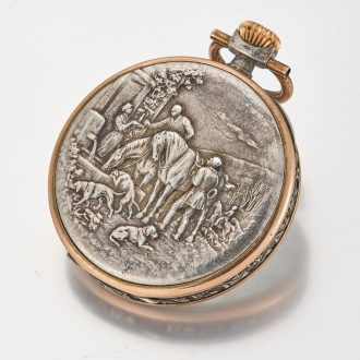Swiss silver lever watch with repousse hunting scene Circa 1930
