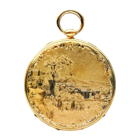 Swiss gold watch with an engraved image of Vesuvius Circa 1850