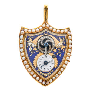 Swiss gold shield shaped watch with visible balance Circa 1800