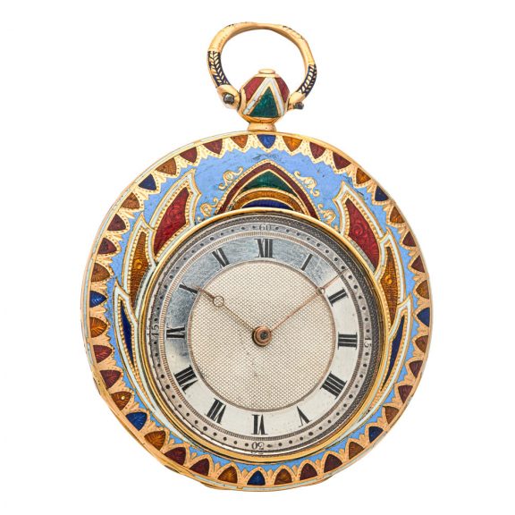 Swiss 18K gold and cloisonné enamel cylinder watch Circa 1835 Swiss 18K gold and cloisonné enamel cylinder watch Circa 1835