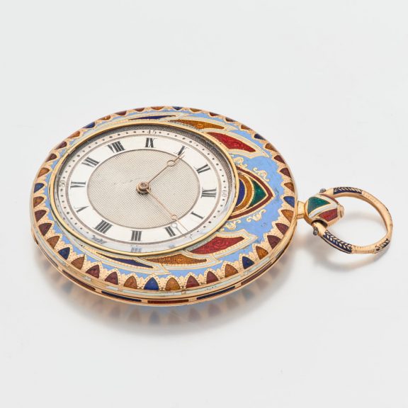 Swiss 18K gold and cloisonné enamel cylinder watch Circa 1835 Swiss 18K gold and cloisonné enamel cylinder watch Circa 1835